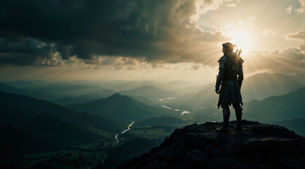 Viking in armor stands in the rocky mountains - obrazy, fototapety, plakaty