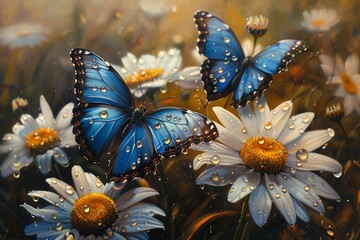 Captured in oil paint, this tranquil garden scene showcases luminescent blue Morpho butterflies gathering nectar from soft daisies, set against a peaceful wash of greens and blues