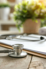 Stethoscope and clipboard on the doctor workplace