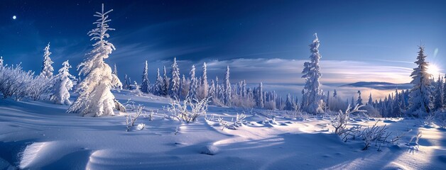 Fototapeta na wymiar a snowy landscape with trees and a blue sky