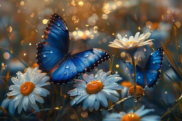 Captured in oil paint, this tranquil garden scene showcases luminescent blue Morpho butterflies gathering nectar from soft daisies, set against a peaceful wash of greens and blues - obrazy, fototapety, plakaty
