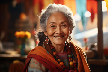 Happy smiling elderly asian women. Asian elderly lady. Elderly Asian asian women. Old person. Asian country. Traditional asian. China. Japan. AI.
