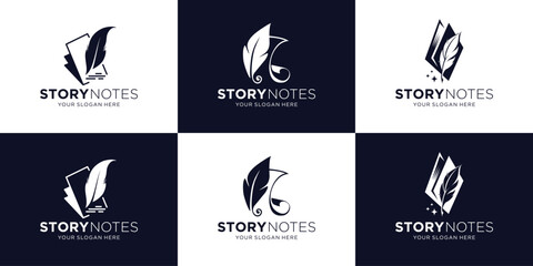 set of classic book story notes feather ink logo design inspiration. note and quill pen logo design collection. - obrazy, fototapety, plakaty
