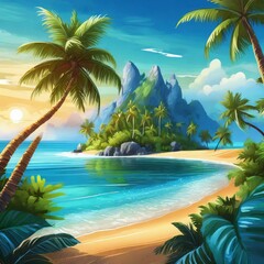 Island Oasis: Vibrant Illustration of a Tropical Beach with Palm Trees