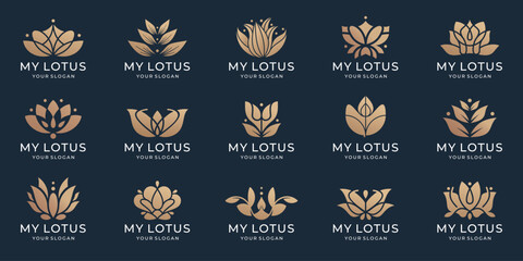 Luxury lotus logo and icon set. Abstract beauty flower lotus logo design collection. design for spa, beauty and cosmetic, feminine, boutique hotel. Vector illustration.