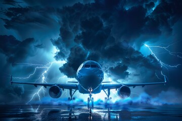Aircraft navigating thunderstorm with striking lightning - obrazy, fototapety, plakaty