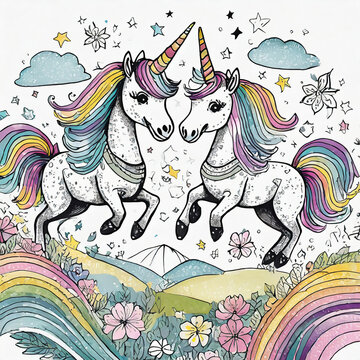 two smiling unicorn flying on rainbow isolated on white background watercolor illustration for child books	