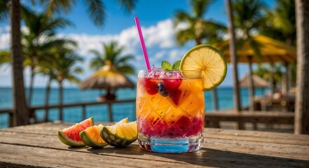 Colored cocktails against the background of the sea, close-up
