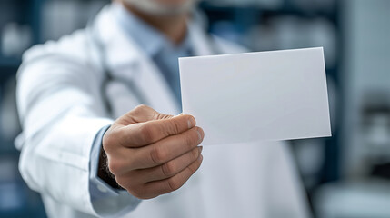 A doctor holding a white card with a blank space. The card could be a prescription or a note for a patient. The doctor's white coat and the card -a professional setting. the piece of paper is in focus