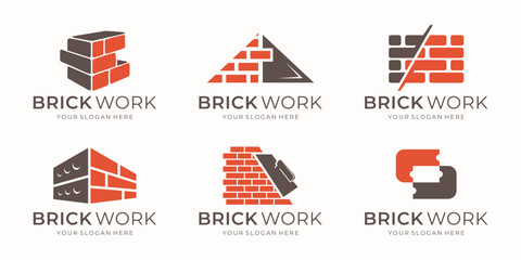 set of brick wall bricklayer logo icon symbol vector illustration, bundle and package of red brick works logos inspiration.