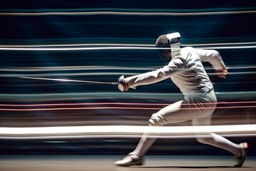 Blurred light lines and a fencer in a fencing suit with a sword