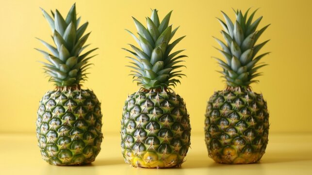 Three fresh pineapples on a vibrant yellow background offering a tropical and sweet visual display