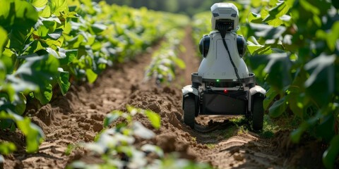 A robot with AI capabilities patrolling between crop rows, using spectral imaging to identify disease spots on leaves