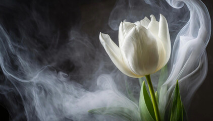 Tulipe, fleur blanche. Fond floral. Papier peint fleuri. Fumée abstraite - obrazy, fototapety, plakaty