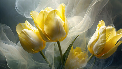 Tulipes, fleurs jaunes de printemps. Fond floral - obrazy, fototapety, plakaty