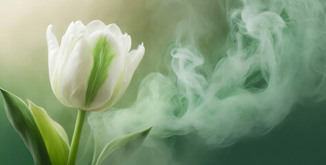 Tulipe, fleur blanche. Fond floral vert. Papier peint fleuri. Fumée abstraite - obrazy, fototapety, plakaty