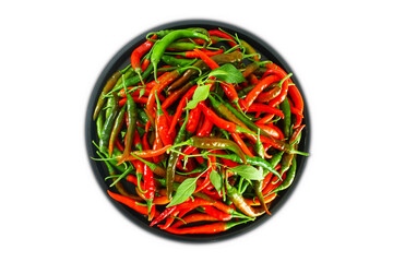 garden fresh green and red chili pepper in bowl,cutout transparent background,png format,top view