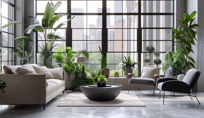 a room with plants and a large window