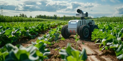 Robot with AI Capabilities Patrolling Between Crop Rows