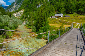 wooden bridge over soca river in Slovenia