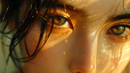 a close up of a woman s face with green eyes and gold makeup