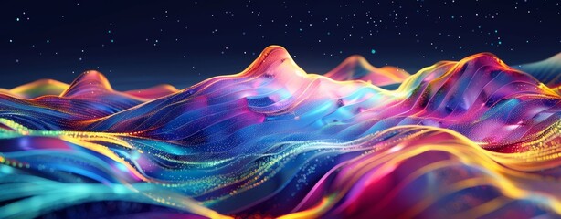 Abstract background with colorful sound waves and wave forms. Abstract digital landscape with glowing neon lights. Futuristic networking connections