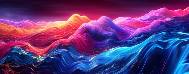 Abstract background with colorful sound waves and wave forms. Abstract digital landscape with glowing neon lights. Futuristic networking connections