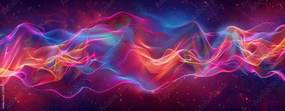 Poster Abstract background with colorful sound waves and wave forms. Abstract digital landscape with glowing neon lights. Futuristic networking connections - Posters