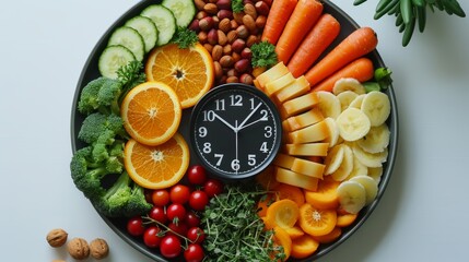 Food circle with vegetables, oranges, cheese, nuts, and clock on white plate. Diet and lunchtime concept: intermittent fasting. - obrazy, fototapety, plakaty