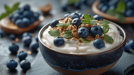 Yogurt bowl and blueberries on table, top view - obrazy, fototapety, plakaty