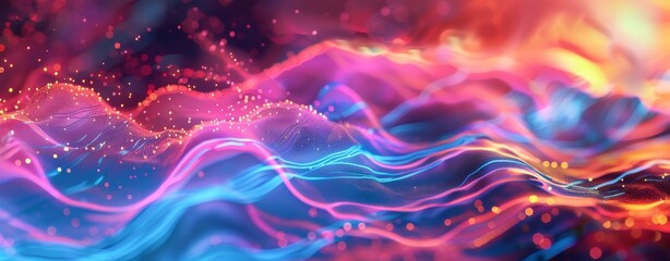 Abstract background with colorful sound waves and wave forms. Abstract digital landscape with glowing neon lights. Futuristic networking connections