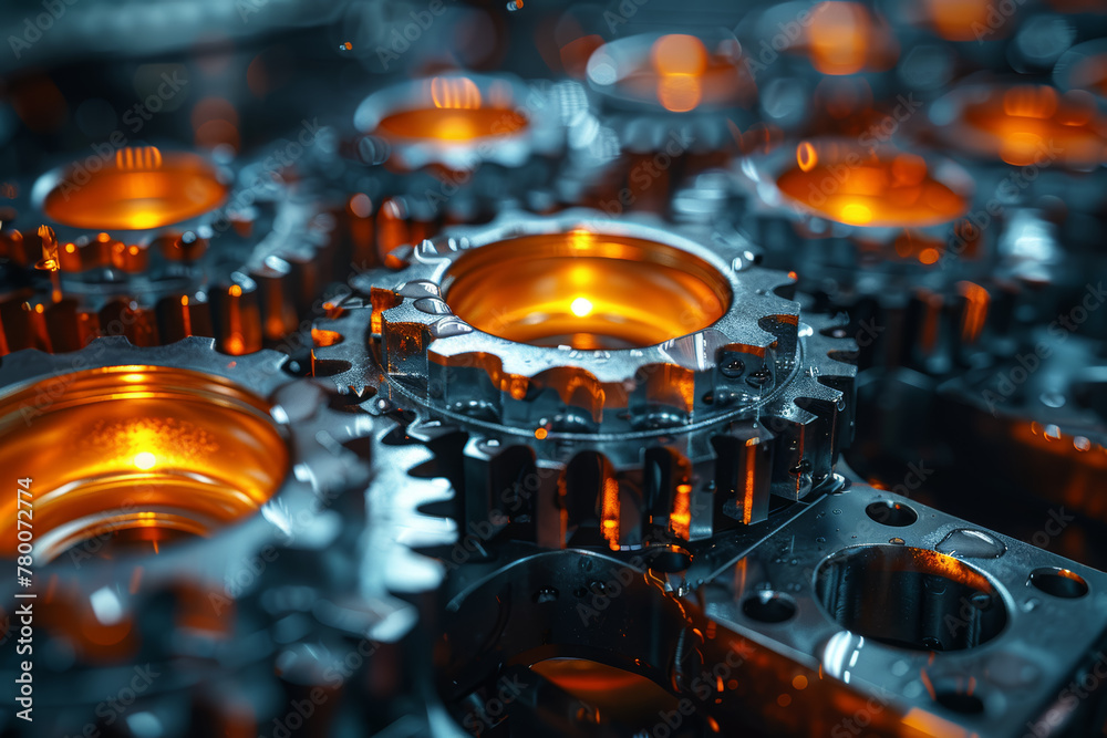 Poster an abstract depiction of gears turning in unison, symbolizing teamwork and synchronization. concept 
