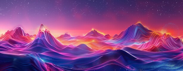 Abstract background with colorful sound waves and wave forms. Abstract digital landscape with glowing neon lights. Futuristic networking connections