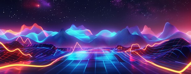 Abstract background with colorful sound waves and wave forms. Abstract digital landscape with glowing neon lights. Futuristic networking connections