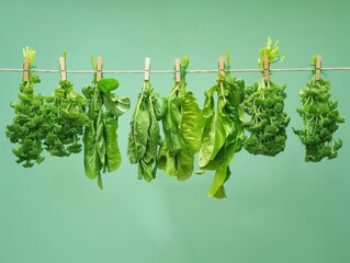 Green salad on a clothesline