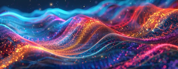 Abstract background with colorful sound waves and wave forms. Abstract digital landscape with glowing neon lights. Futuristic networking connections - obrazy, fototapety, plakaty