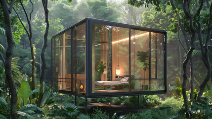 Sustainable Modern Glass Minimalism Building, Construction Surrounded By Lush Rainforest, Nature. Eco House, Villa Protecting Natural Landscapes. Luxury Romantic Home, Architecture Ai Generated.