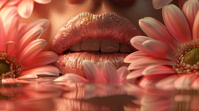Soft pink lipstick on lips close-up image