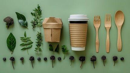 Lunch concept with bamboo cutlery and reusable cup in flat lay on green background.