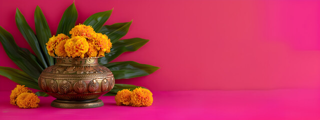 Vibrant marigold arrangement with lush green mango leaves in decorative bronze pot on vivid pink backdrop - 780073131