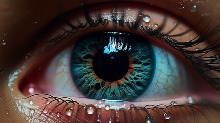 A close-up view of a person's eye with water droplets on it.