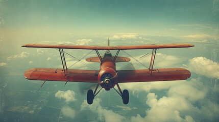 The silhouette of a vintage red airplane flying in the sky is surrounded by a white blank banner - obrazy, fototapety, plakaty