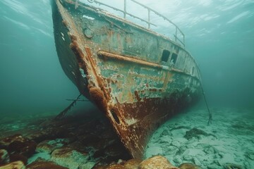 A shipwreck is seen in the ocean with a lot of debris and fish swimming around it. Scene is eerie and mysterious, as the ship is long gone and the ocean is filled with life