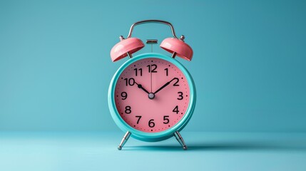 An alarm clock in pink on a blue background