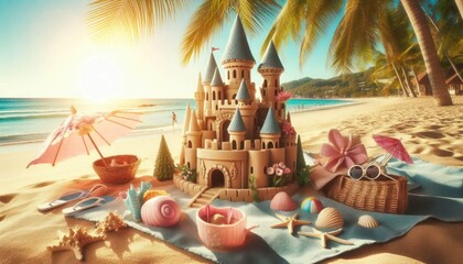 sand castle on a beautiful tropical beach, Vacation chill sea ocean vibe, Travel vacations banner, background concept, - obrazy, fototapety, plakaty