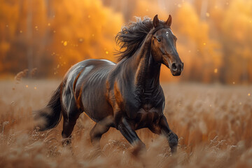 A wild horse galloping freely across an open field, symbolizing untamed spirit and unbridled freedom. Concept of autonomy and wildness. Generative Ai.