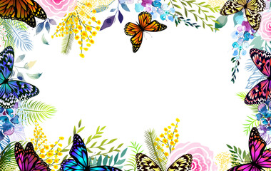 Horizontal floral frame with with butterflies. Spring wreath of the brightest different colorful flowers. Hello Spring . hand drawing. Not AI