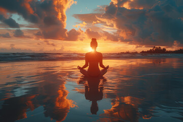 A person practicing yoga on a serene beach, experiencing the freedom of mind and body. Concept of inner peace and liberation. Generative Ai. - obrazy, fototapety, plakaty