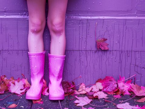 Legs of little girl in dim pink plastic boots standing in front of gradient purple wall, pink leaves and rain