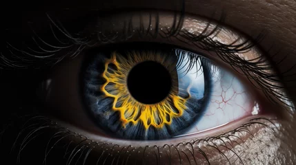 Möbelaufkleber a close up of a human eye with a blue iris and yellow iris in the center of the iris, with a black background and white border around the eye. © Muzamil